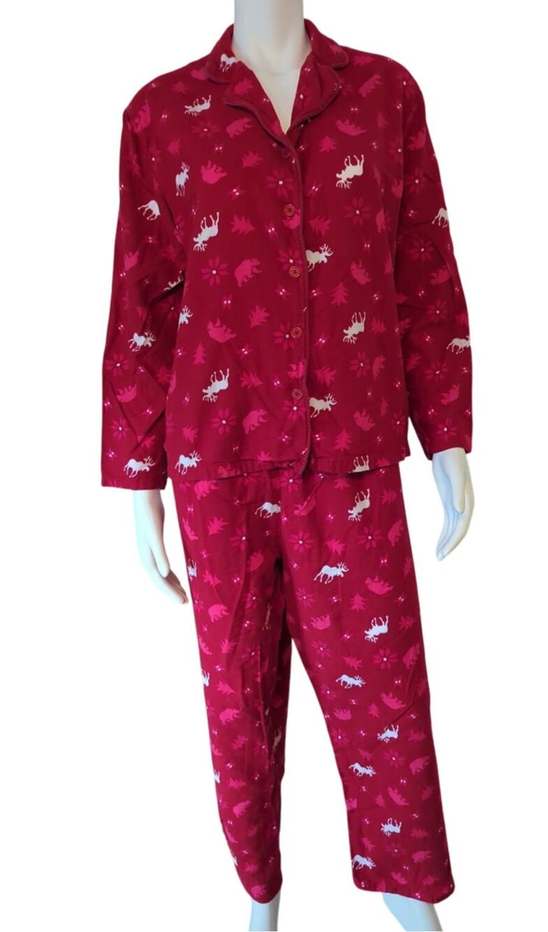 Intimate Essentials Red, Pink & White Two Piece Flannel Sleep Set Womens Size L